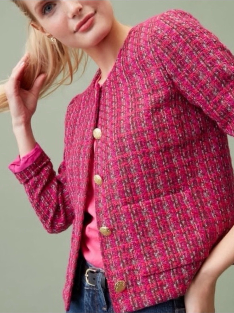J. Crew Pink Tweed Boxy Jacket with Gold Buttons size 0